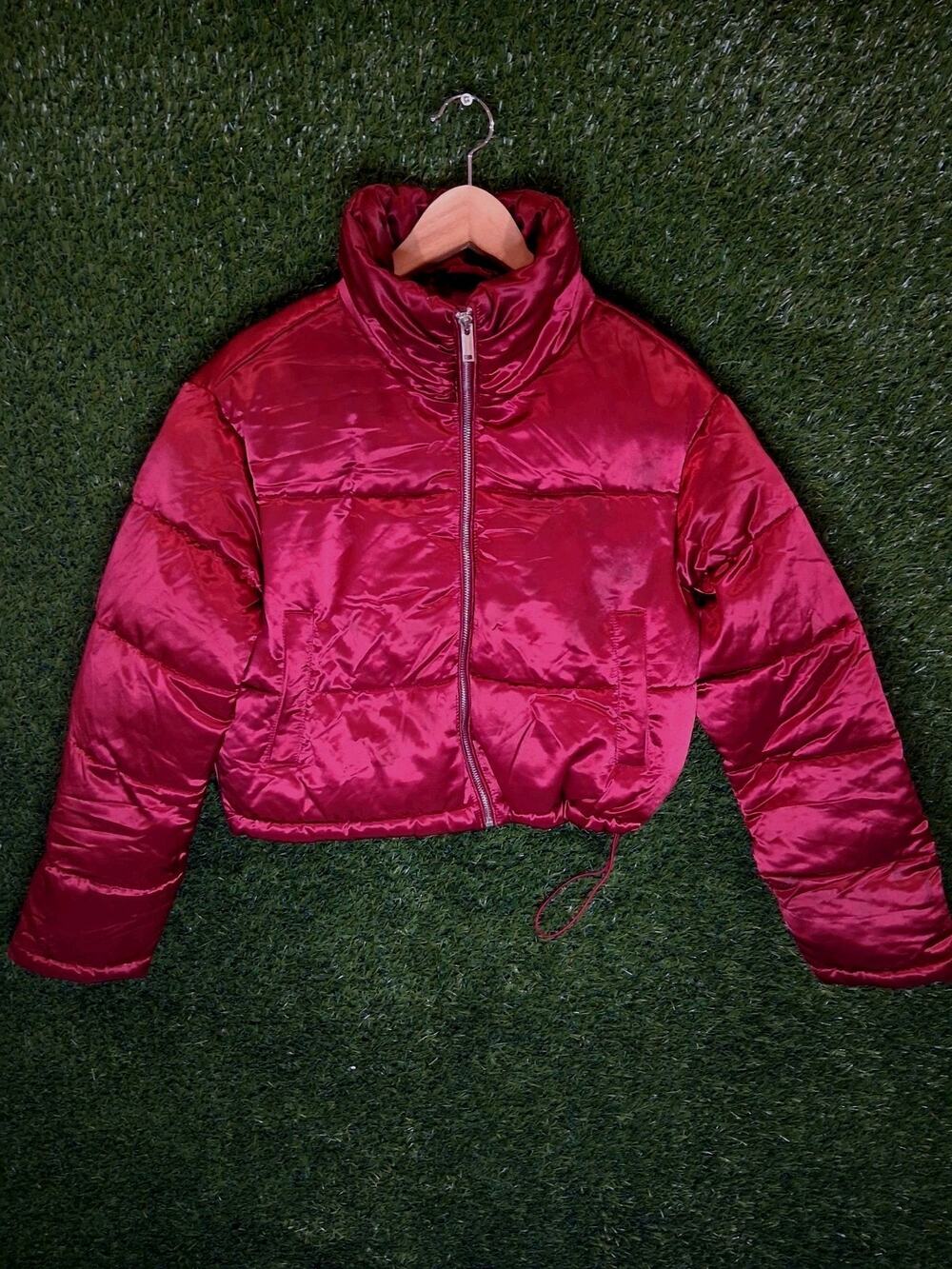 7 For All Mankind Metallic Cropped Puffer Jacket Red Raspberry Women's XS
